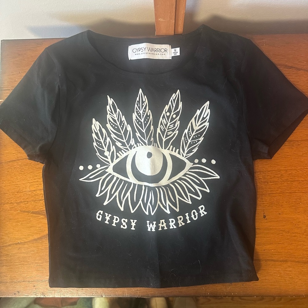 Gypsy Warrior Black Tee with Eye and Feather Design